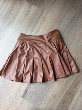 aerie Faux Leather Circle Skirt in Cognac Brown